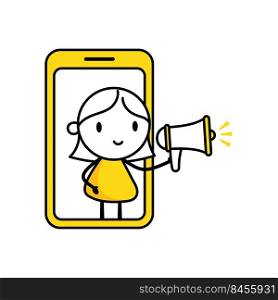 Woman looks out through a mobile screen and announcing something in a megaphone in her hand. Online business, marketing concept. Vector stock illustration.