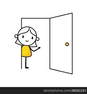 Woman looks out through the open door. Vector stock illustration