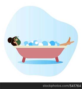 Woman lying in bathtub full of soap foam. Woman taking a bath. Relaxing girl in bathroom. Flat vector design illustration. Woman lying in bathtub full of soap foam. Woman taking a bath.