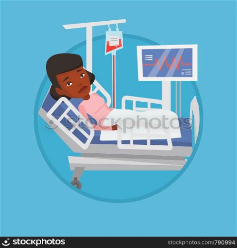 Woman lying in bed in hospital. Woman resting in hospital bed with heart rate monitor. Patient during blood transfusion procedure. Vector flat design illustration in the circle isolated on background.. Woman lying in hospital bed vector illustration.