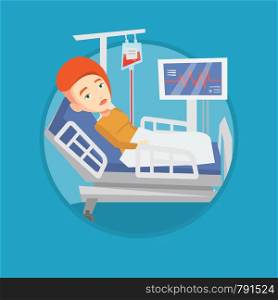 Woman lying in bed in hospital. Woman resting in hospital bed with heart rate monitor. Patient during blood transfusion procedure. Vector flat design illustration in the circle isolated on background.. Woman lying in hospital bed vector illustration.