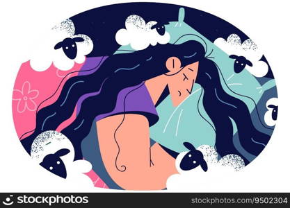 Woman lying in bed suffering from sleeping problem. Tired girl struggle with insomnia counting sheep. Healthcare and health sleep. Vector illustration.. Woman suffer from insomnia in bed