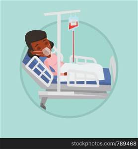 Woman lying in hospital bed with oxygen mask. Woman during medical procedure with drop counter. Patient recovering in hospital. Vector flat design illustration in the circle isolated on background.. Patient lying in hospital bed with oxygen mask.