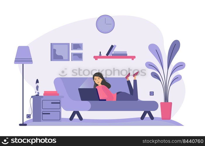Woman lying on couch and using laptop. Computer user chatting online, working at home, buying on internet. Vector illustration for communication, staying at home concept