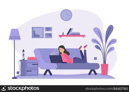 Woman lying on couch and using laptop. Computer user chatting online, working at home, buying on internet. Vector illustration for communication, staying at home concept