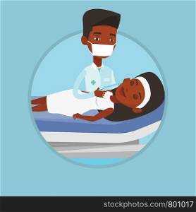 Woman lying on couch in beauty salon and getting cosmetic dermal injection in her face. Doctor making beauty injection to client. Vector flat design illustration in the circle isolated on background.. Woman receiving beauty facial injections in salon.