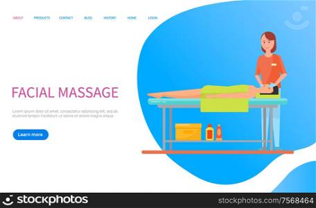 Woman lying on table with towel on body, masseuse making facial massage. Relaxation of head, procedure with face. Portrait view of people web vector. Website or webpage template landing page in flat. Masseuse Making Facial Massage, Relaxation Vector
