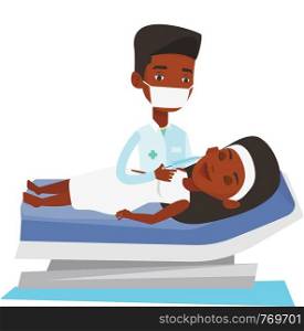Woman lying on the couch in beauty salon and getting cosmetic dermal injection in her face. Doctor making beauty injections to client. Vector flat design illustration isolated on white background.. Woman receiving beauty facial injections in salon.