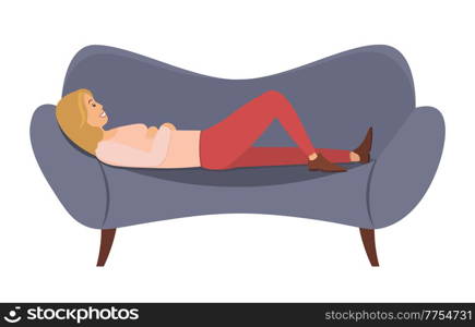 Woman lying on the sofa. Happy smile girl relaxing. Relax on couch and dream. Mother resting. Home leisure. Female character lies on the divan and smiles, dreams, sees a happy dream isolated on white. Woman lying on the sofa. Happy smile girl relaxing. Relax on couch and dream. Mother resting