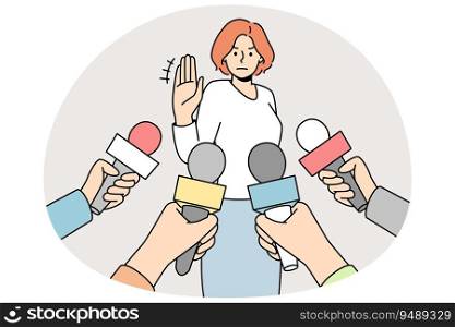 Woman make no comment gesture at interview with reporters. Determined female show stop hand sign refuse talk with journalists. Vector illustration.. Woman make no comment gesture to reporters