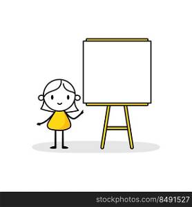 Woman makes a presentation near a storyboard. Vector stock illustration.