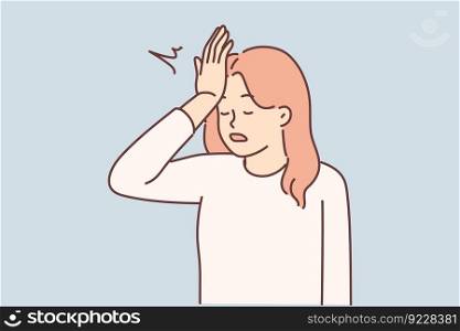 Woman makes gesture with facepalm putting palm to forehead, having learned about mistake made, which entails loss money. Girl demonstrates facepalm upset after bad news or quarrel with boyfriend. Woman makes gesture with facepalm putting palm to forehead, having learned about mistake made