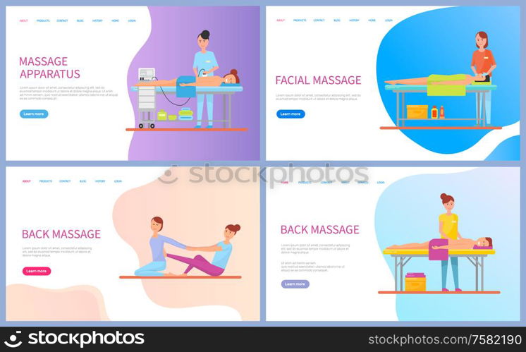 Woman making back and facial massage for client lying on table with towel, procedure by apparatus for girl. Healthcare therapy and spa, web page vector. Website template landing page in flat. Master Making Back and Facial Massage Web Vector