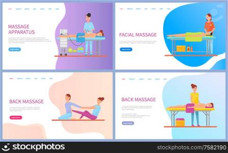Woman making back and facial massage for client lying on table with towel, procedure by apparatus for girl. Healthcare therapy and spa, web page vector. Website template landing page in flat. Master Making Back and Facial Massage Web Vector