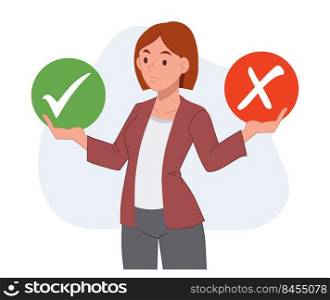 woman making decision between two options.Right or wrong.Flat vector cartoon character illustration.
