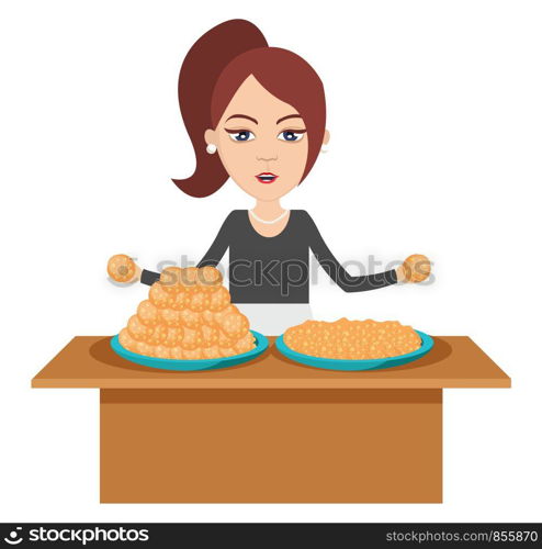 Woman making food, illustration, vector on white background.
