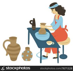 Woman making pots and jars from clay vector, isolated character with hobby. Lady sitting by table creating containers with hands, handmade products. Pottery Hobby, Woman with Jars Made with Clay