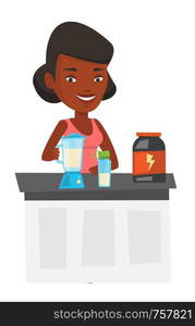 Woman making protein shake using blender. Woman preparing protein cocktail of bodybuilding food supplements. Girl cooking protein cocktail. Vector flat design illustration isolated on white background. Young woman making protein cocktail.