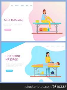 Woman making self massage, human lying on table with hot stones and towel on back. Skincare and relaxation of girls, treatment and therapy web page vector. Woman Making Massage, Treatment Procedures Vector