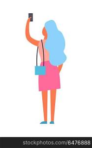 Woman Making Selfie Back View Vector Illustration. Woman making selfie back view vector illustration in flat design cartoon style isolated on white background. Female in pink skirt with blue sack