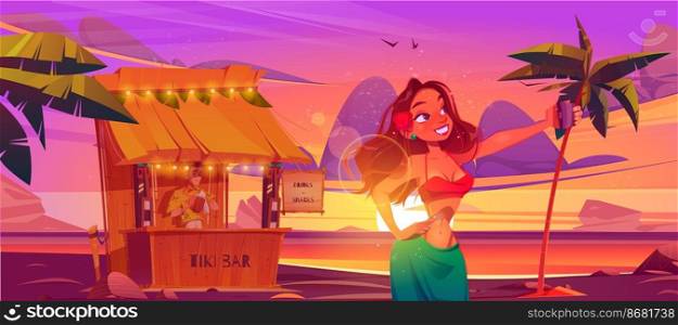 Woman making selfie front of tiki hut bar with barman on hawaii beach, Smiling girl in summer dress posing on smartphone camera at dusk ocean coastline with palm trees, Cartoon vector illustration. Woman making selfie near tiki hut bar with barman