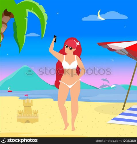 Woman Making Selfie on Summer Beach at Evening Time. Young Adorable Girl in Sunglasses and White Swimsuit on Summer Sandy Sea Beach Background with Dolphins and Palms. Cartoon Flat Illustration. Young Ginger Woman Making Selfie on Sandy Beach.