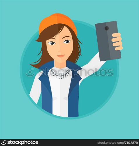 Woman making selfie. Young woman taking photo with cellphone. Woman looking at smartphone and taking selfie. Vector flat design illustration in the circle isolated on background.. Woman making selfie.