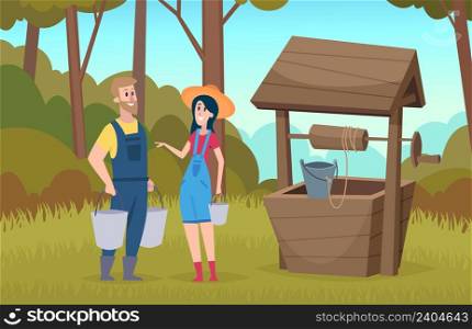Woman man in forest. People near well with buckets, came for water. Happy farmers in village on nature vector illustration. Forest outdoor environment, nature well of source. Woman man in forest. People near well with buckets, came for water. Happy farmers in village on nature vector illustration