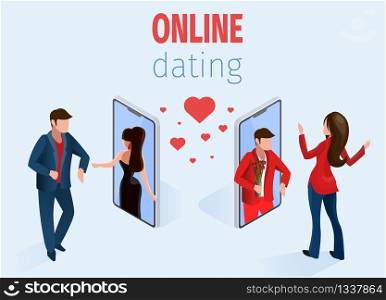 Woman Man near Mobile Phone Online Dating App Profiles on Screen Vector Isometric Illustration. Smartphone Digital Internet Application Match Love Search Romantic Relationship Concept. Woman Man near Phone Online Dating App Concept