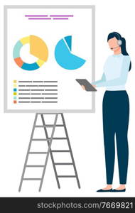 Woman manager in headset standing near board with graph report. Diagram information, employee holding tablet, presenter and wireless device vector. Presenter and Diagram Report, Business Vector