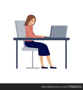 Woman manager is working on a computer. Vector flat illustration