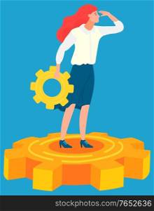 Woman manager standing on gearwheel and looking into distance. Business tools and innovations. Vector illustration on blue background in flat style. Woman Business Manager Standing on Gearwheel