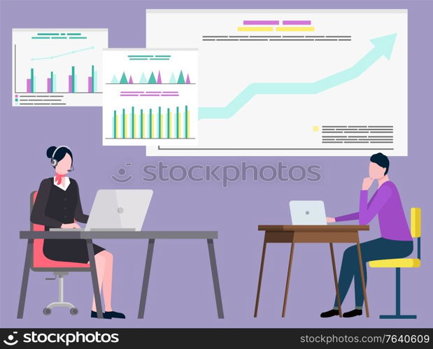 Woman manager wearing headset using laptop, people communication with computer. Board with growth report, finance and investment, teamwork vector. Broker Teamwork, Rising Chart, Finance Vector