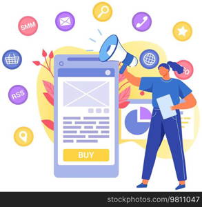 Woman marketer with loudspeaker advertises product. Promoter speaks loud with megaphone. Advertising, announcement in social media, marketing. Female character standing with loudspeake, promoting. Woman marketer with loudspeaker advertising, promoting. Social media marketing, promotion concept