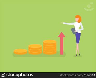 Woman measuring growing chart, golden coins and money isolated. Vector female character in blue skirt, financial analytic isolated, investment concept. Woman Measuring Growing Chart, Golden Coins