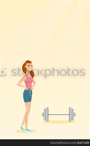 Woman measuring her waistline with a tape. Woman measuring with tape the waistline. Happy woman with centimeter on waistline standing near a barbell. Vector flat design illustration. Vertical layout.. Woman measuring waist vector illustration.