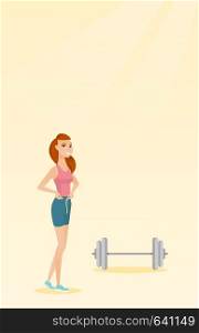 Woman measuring her waistline with a tape. Woman measuring with tape the waistline. Happy woman with centimeter on waistline standing near a barbell. Vector flat design illustration. Vertical layout.. Woman measuring waist vector illustration.