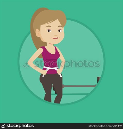 Woman measuring her waistline with a tape. Woman measuring with tape the waistline. Happy woman with centimeter on a waistline. Vector flat design illustration in the circle isolated on background.. Woman measuring waist vector illustration.