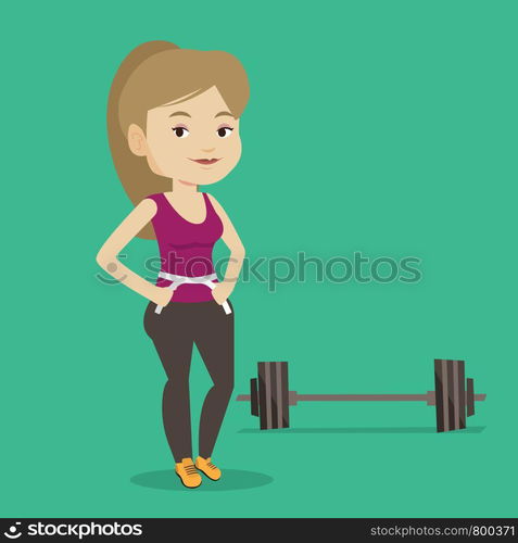 Woman measuring her waistline with a tape. Woman measuring with tape the waistline. Happy woman with centimeter on a waistline standing near a barbell. Vector flat design illustration. Square layout.. Woman measuring waist vector illustration.