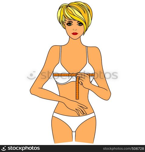 Woman measuring the size of her chest with tape measure, colored vector illustration isolated on the white background