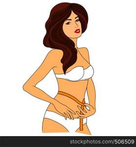 Woman measuring the size of her waist with tape measure, colored vector illustration isolated on the white background