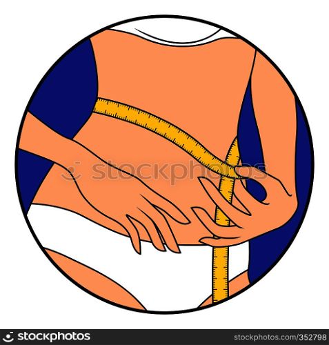 Woman measuring the size of her waist with tape measure, hand drawing vector illustration in circle isolated over white