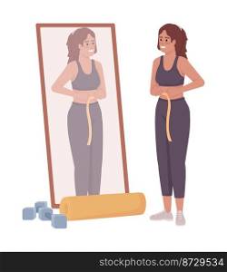 Woman measuring waist near mirror semi flat color vector character. Editable figure. Full body person on white. Weight loss simple cartoon style illustration for web graphic design and animation. Woman measuring waist near mirror semi flat color vector character
