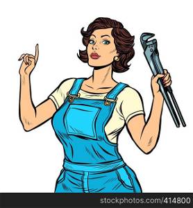 woman mechanic with a wrench isolate on white background. Pop art retro vector illustration vintage kitsch 50s 60s. woman mechanic with a wrench isolate on white background