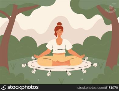 Woman meditates on a meadow in the park. Self time concept illustration