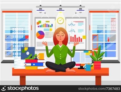 Woman meditates on work place in business office. Calm girl among documents and file folders with skyscrapers at windows cartoon vector illustration.. Woman Meditates on Work Place in Business Office