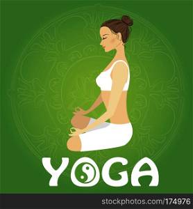 Woman meditating and relaxing in lotus pose, vector illustration. Woman meditating and relaxing in lotus pose