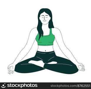 Woman meditating in lotus pose flat color linear vector character. Editable figure. Full body person on white. Cartoon style thin line illustration for web graphic design and animation. Woman meditating in lotus pose flat color linear vector character