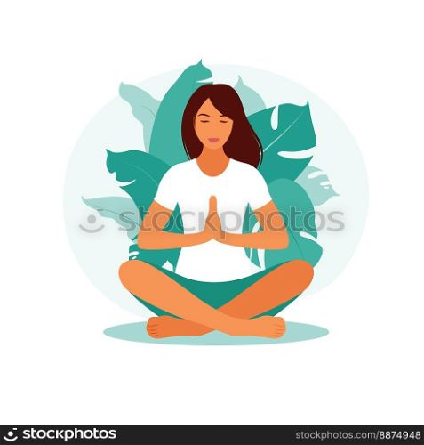 Woman meditating in nature. Meditation concept, relax, recreation, healthy lifestyle, yoga. Woman in lotus pose. Vector illustration.