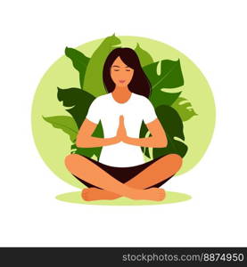 Woman meditating in nature. Meditation concept, relax, recreation, healthy lifestyle, yoga. Woman in lotus pose. Vector illustration.